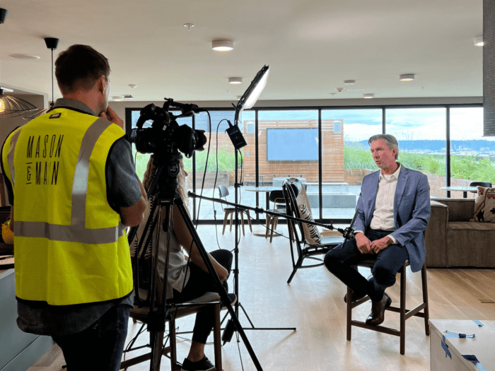 Ron and Brianna interviewee and interviewee during a video shoot day with Hansen Belyea on-site. 